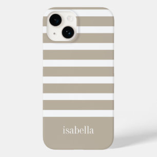 Modern Khaki Tan and White Stripe with Monogram  Case-Mate iPhone 14 Case