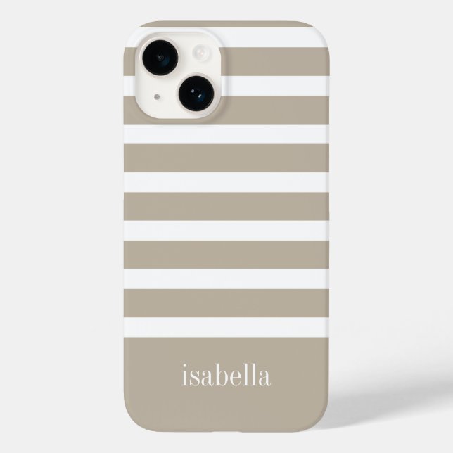 Modern Khaki Tan and White Stripe with Monogram  Case-Mate iPhone Case (Back)