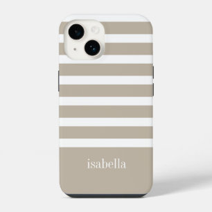 Modern Khaki Tan and White Stripe with Monogram iPhone 14 Case