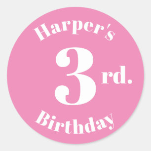 Modern Kids Birthday Custom name number pink white Classic Round Sticker