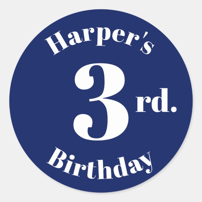 Modern Kids Birthday navy blue custom name number Classic Round Sticker (Front)