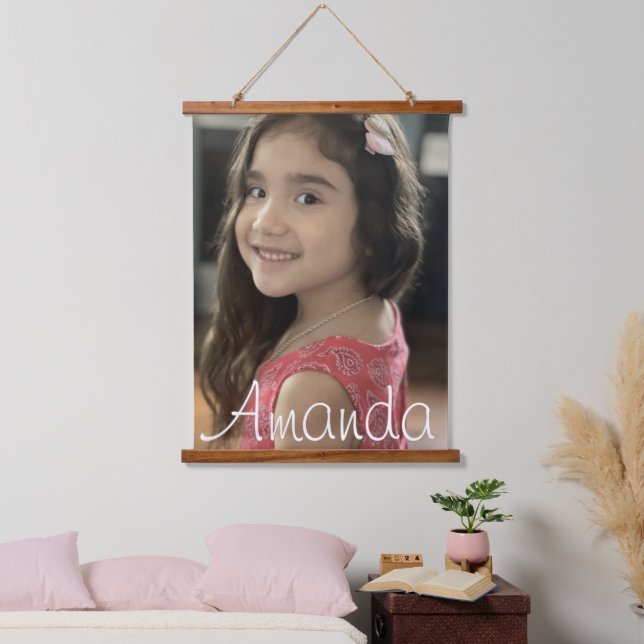 Modern Kids Family Photo Script Name Hanging Tapestry (Bedroom)