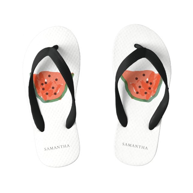 Modern Kids Hand Drawn Watermelon Fruit Red Green Kid's Jandals (Footbed)