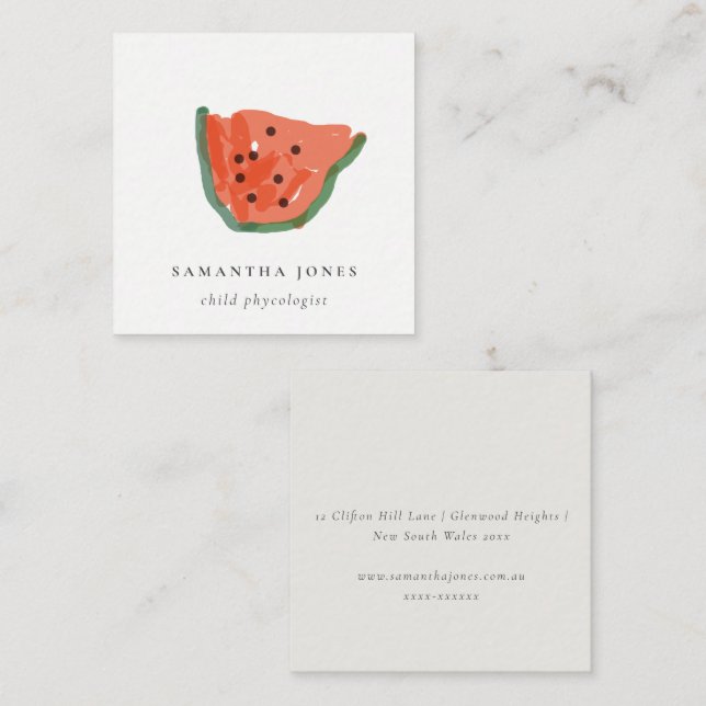 Modern Kids Hand Drawn Watermelon Fruit Red Green Square Business Card (Front/Back)