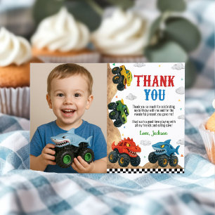 Modern Kids Monster Truck Birthday Party Photo Thank You Card