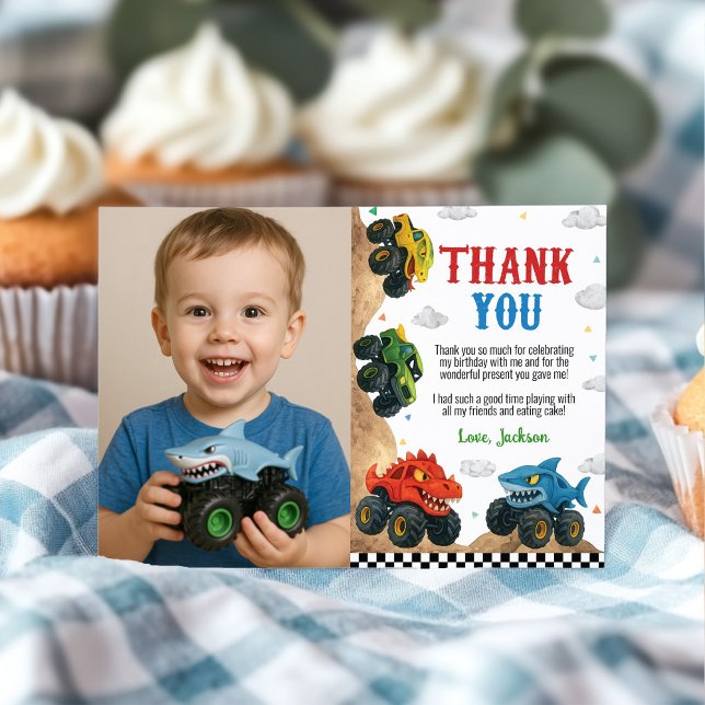 Modern Kids Monster Truck Birthday Party Photo Thank You Card (Creator Uploaded)