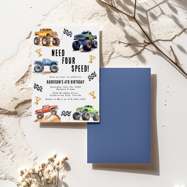 Modern Kids Monster Trucks 4th Birthday Party Invitation (Creator Uploaded)