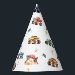 Modern Kids Monster Trucks Birthday Party Hat<br><div class="desc">Attention all little party animals! Get ready to rev up the fun with our Kids Monster Car Trucks birthday party hats. Adorned with adorable and vibrant monster car trucks,  flags and gold cups.</div>
