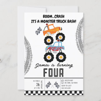 Modern Kids Monster Trucks Birthday Party Invitation