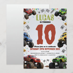 Modern Kids Monster Trucks Birthday Party Invitation