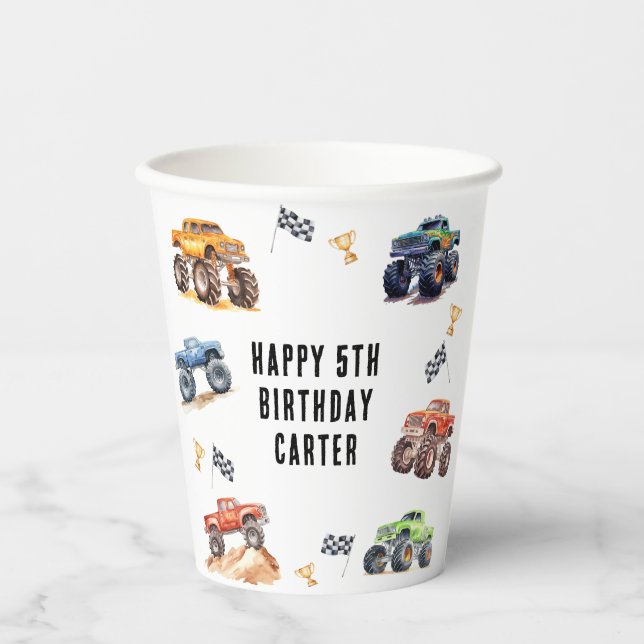 Modern Kids Monster Trucks Birthday Party Paper Cups (Front)