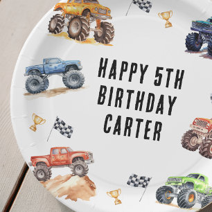 Modern Kids Monster Trucks Birthday Party Paper Plate