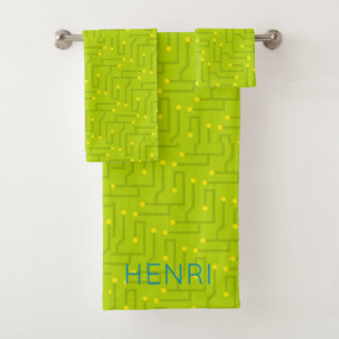 Modern Kids NAME Circuit Board green yellow blue Bath Towel Set