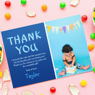 Modern Kids Photo Birthday Blue Thank You Card