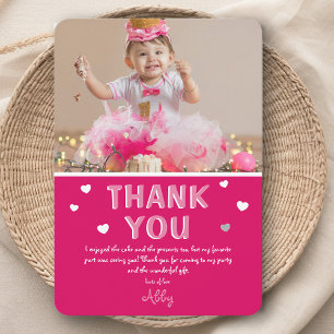 Modern Kids Photo Birthday Pink Thank You Card
