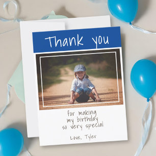Modern Kids Photo Blue Birthday Thank you Card