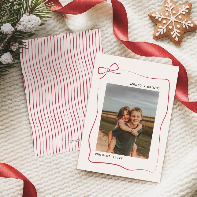 Modern Kids Red Bow Family Photo Christmas Holiday Card (Creator Uploaded)