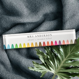 Modern Kids Teacher Colourful Rainbow Crayon Colou Nameplate