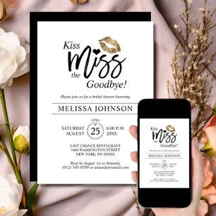 Modern Kiss Miss Goodbye Gold Lips Bridal Shower Invitation