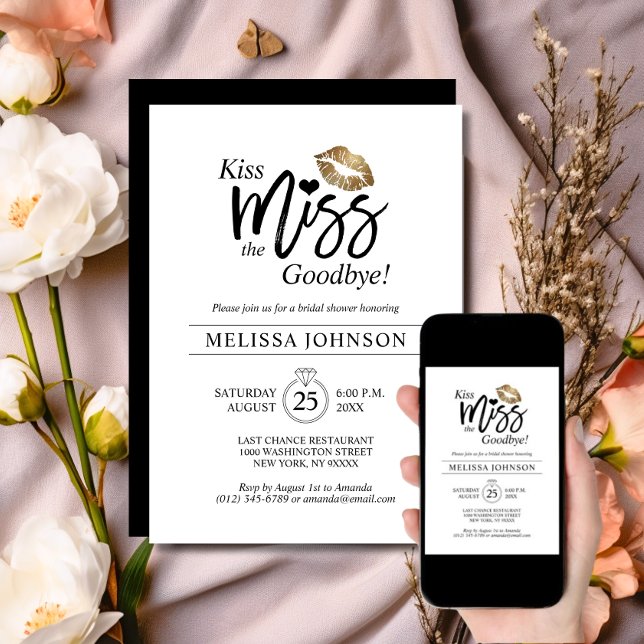 Modern Kiss Miss Goodbye Gold Lips Bridal Shower Invitation (Modern Kiss Miss Goodbye Gold Lips Bridal Shower Invitation | Bachelorette)