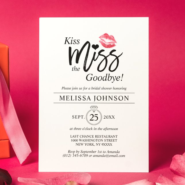 Modern Kiss Miss Goodbye Red Lips Bridal Shower Invitation (Creator Uploaded)