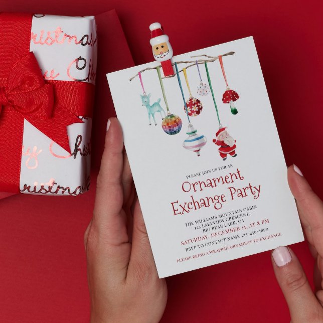 Modern Kitsch Watercolor Ornament Exchange Party Invitation (Creator Uploaded)