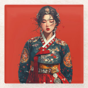 Modern Korean Woman in Hanbok Portrait Glass Coaster