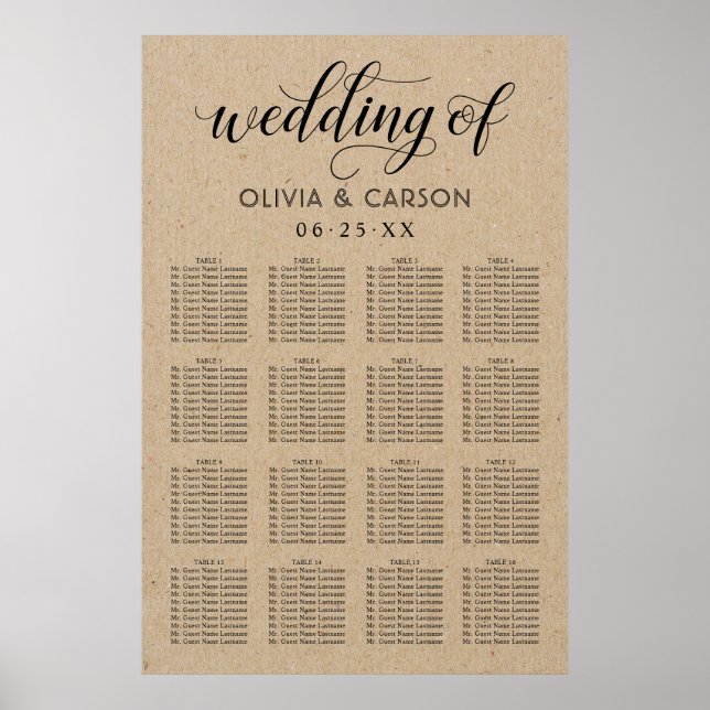 Modern Kraft and Black Script Wedding Seating Poster (Front)