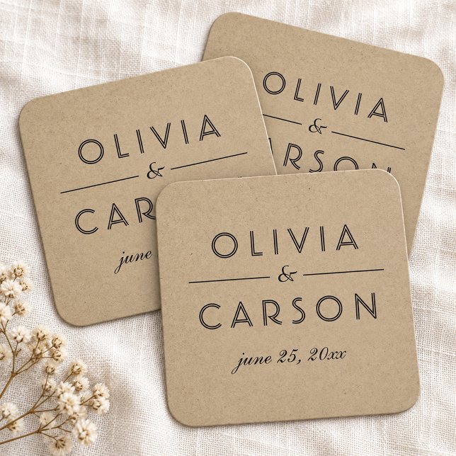 Modern Kraft and Black Wedding Monogram Square Paper Coaster (Creator Uploaded)