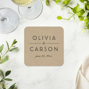 Modern Kraft and Black Wedding Monogram Square Paper Coaster