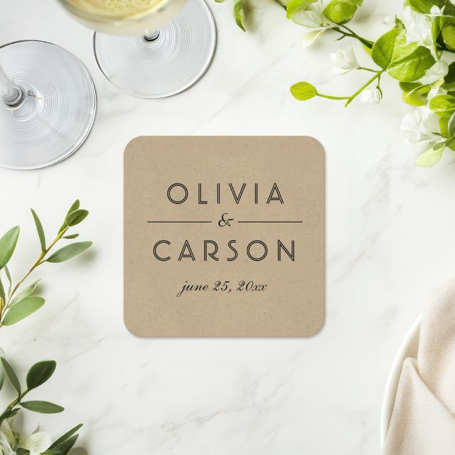 Modern Kraft and Black Wedding Monogram Square Paper Coaster (Creator Uploaded)