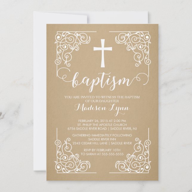 Modern Kraft Baptism Christening Cross Invitation (Front)