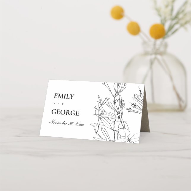 MODERN KRAFT BLACK AND WHITE LINE DRAWING FLORAL PLACE CARD (Back)