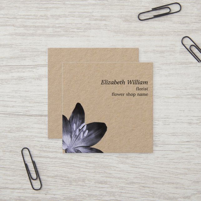 Modern Kraft Dark Floral Pattern Florist Square Business Card (Front/Back In Situ)