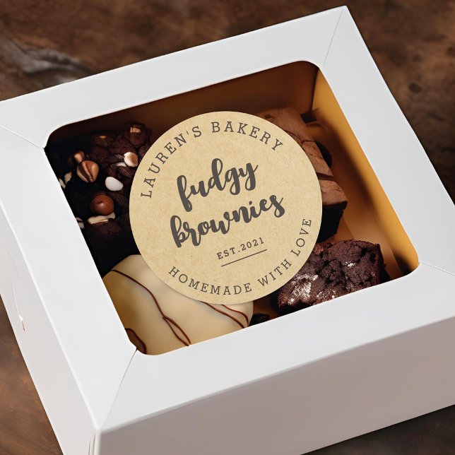 Modern Kraft Home Bakery Logo Homemade Brownies Classic Round Sticker (Creator Uploaded)