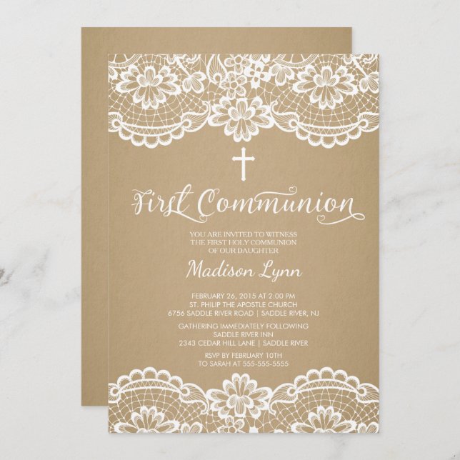 Modern Kraft Lace First Holy Communion Invitation (Front/Back)