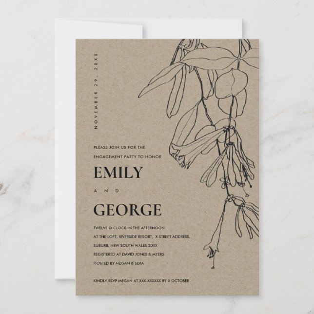 MODERN KRAFT LINE DRAWING FLORAL ENGAGEMENT INVITE (Front)
