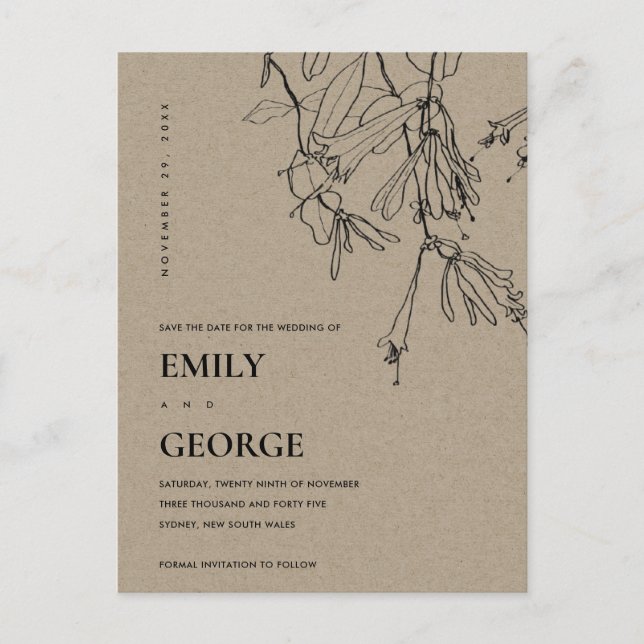 MODERN KRAFT LINE DRAWING FLORAL SAVE THE DATE ANNOUNCEMENT POSTCARD (Front)