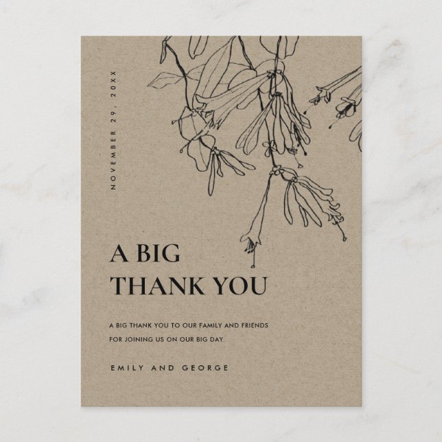 MODERN KRAFT LINE DRAWING FLORAL WEDDING THANK YOU ANNOUNCEMENT POSTCARD (Front)