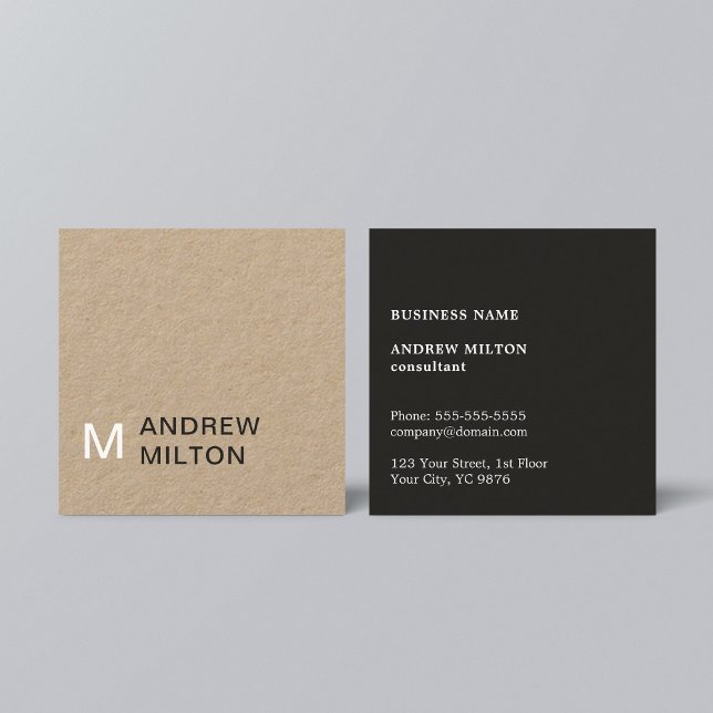Modern Kraft Paper Grey White Monogram Consultant Square Business Card (Creator Uploaded)