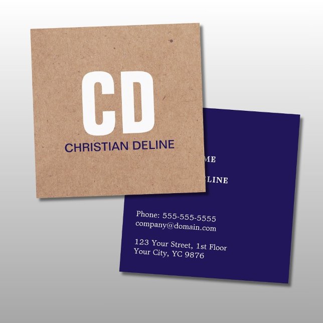 Modern Kraft Paper (printed) White Bold Monogram Square Business Card (Creator Uploaded)