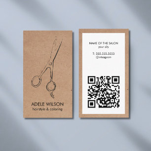 Modern Kraft White QR Code Scissors Salon Business Card