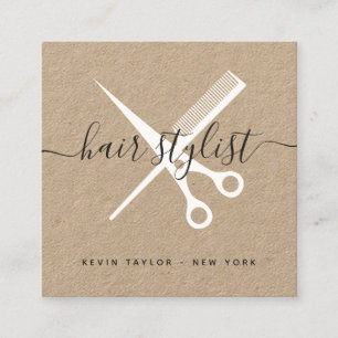 Modern kraft white scissors branding hair stylist square business card