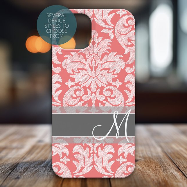 Modern Lace Damask Pattern Coral and Grey Case-Mate iPhone Case (Personalized Phone Case)