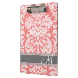 Modern Lace Damask Pattern - Coral and Grey Clipboard