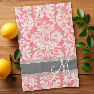 Modern Lace Damask Pattern - Coral and Grey Tea Towel