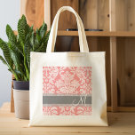Modern Lace Damask Pattern - Coral and Grey Tote Bag<br><div class="desc">Trendy and feminine floral damasks with popular colours. The damask has a whimsical chalkboard look.</div>
