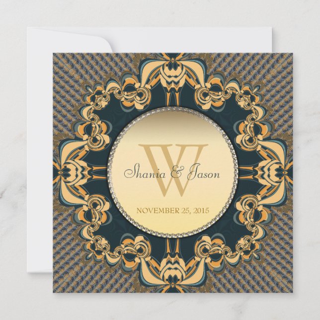 Modern Lace Monogram Teal Gold Wedding Invitation (Front)