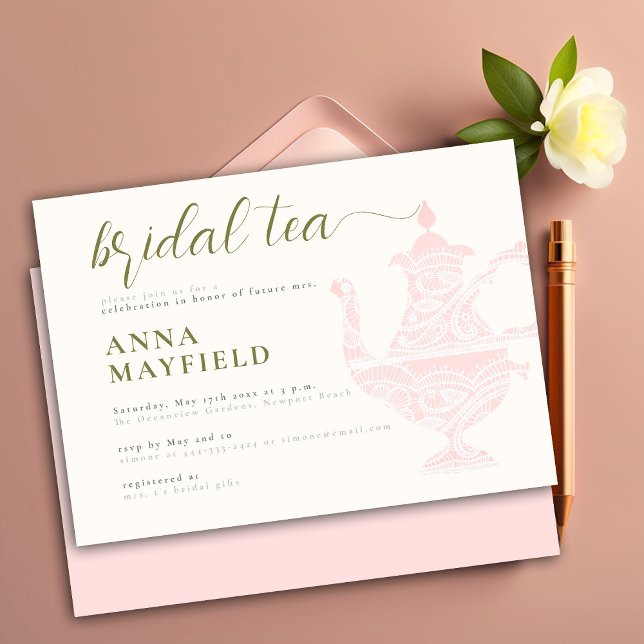Modern Lace Tea Pot Elegant Pink Bridal Tea Party Invitation (Creator Uploaded)