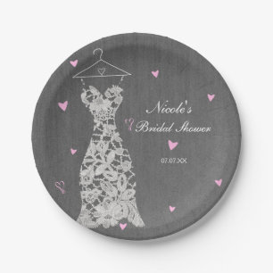 Modern Lace Wedding Dress Grey Chic Bridal Shower Paper Plate
